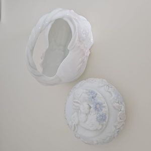 Ceramic jewelry box and basket, bunny rabbit and floral motif